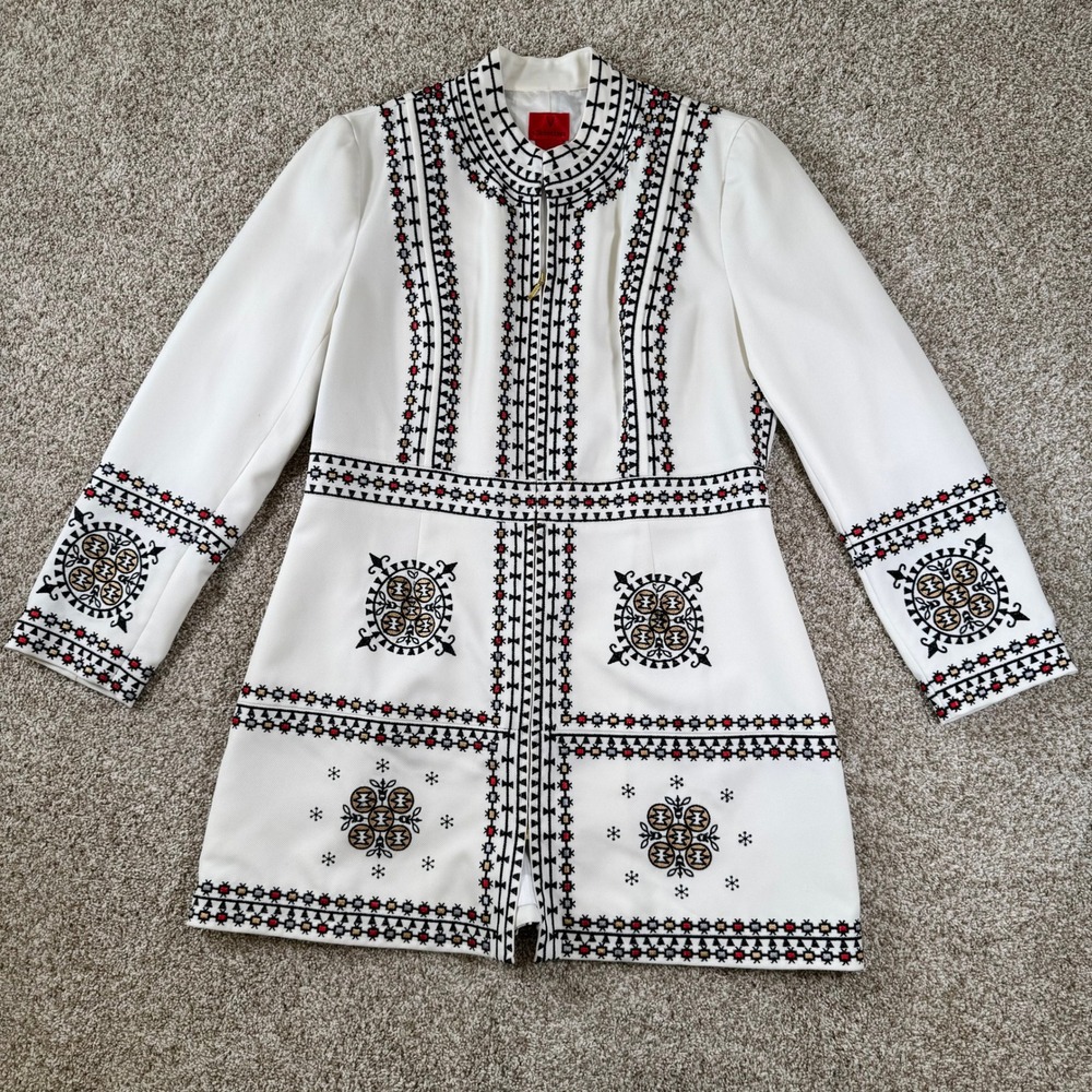 V Cristina Womens Size L White Embroidered Longline Zip Tunic Folk Boho Jacket